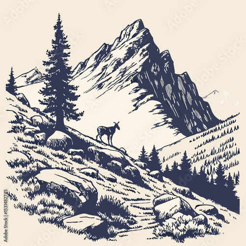 Mountain with pine trees and landscape black on white background. Hand drawn rocky peaks in sketch style. Vector illustration.