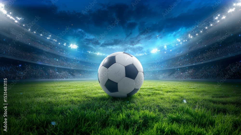 Fototapeta premium illustration of a football on the grass in an empty stadium