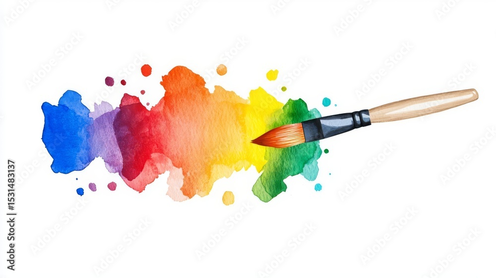 Obraz premium Colorful watercolor splash with a brush, ideal for creative projects, art, and design inspiration.