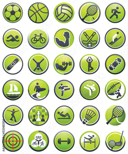 Sports icons set with various activities in green and black design  