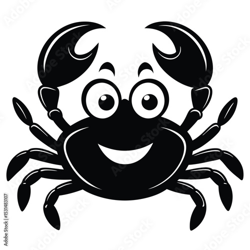 Happy crab with big eyes smiles cheerfully, showing its cartoon appearance in solid black