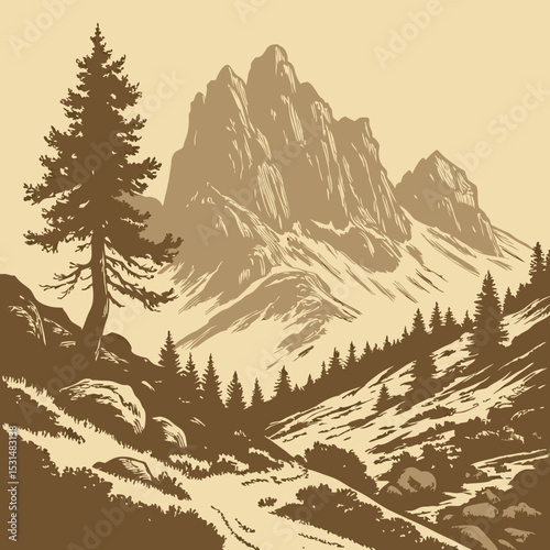Mountain with pine trees and landscape black on white background. Hand drawn rocky peaks in sketch style. Vector illustration.