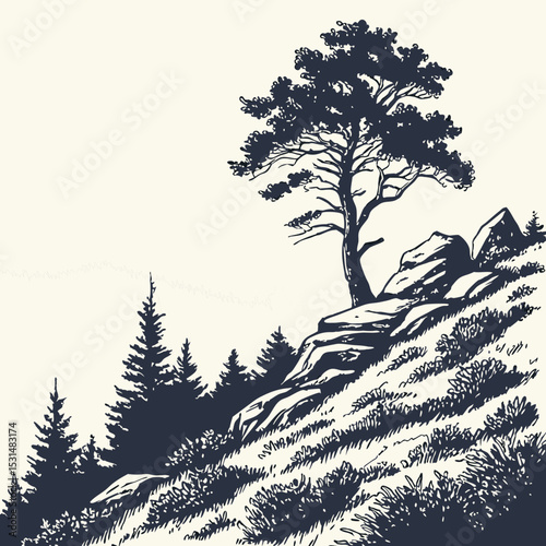 Mountain with pine trees and landscape black on white background. Hand drawn rocky peaks in sketch style. Vector illustration.