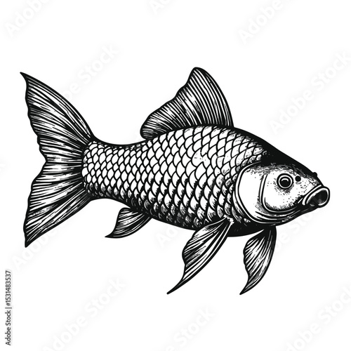 Black and White Hand Drawn Koi Fish Illustration carp