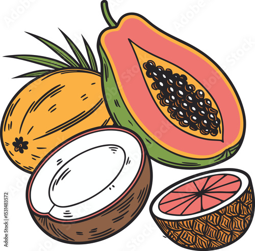 tropical fruits coconut papaya grapefruit mango art