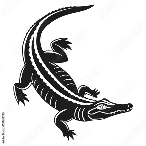 In black and white, a poised alligator displays its form with distinct markings