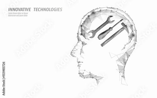 Mind containing tools concept. Human head silhouette mechanic instruments engineering idea. Engineering construction innovation maintenance. Low poly white background vector