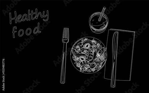 Healthy food illustration design. Wholesome nutrition eating plan outline. Restaurant menu diet wellness blog. Minimalist black background vector art.