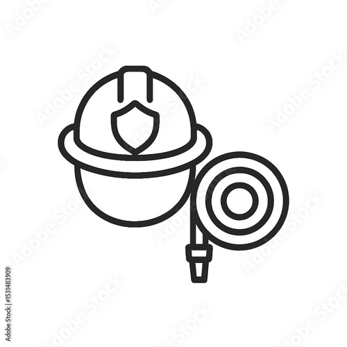 Firefighter helmet and hose icon in minimalist black line style
