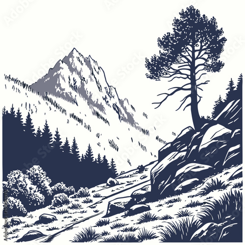 Mountain with pine trees and landscape black on white background. Hand drawn rocky peaks in sketch style. Vector illustration.