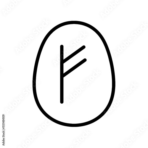 Fehu rune on oval stone icon in black outline style
