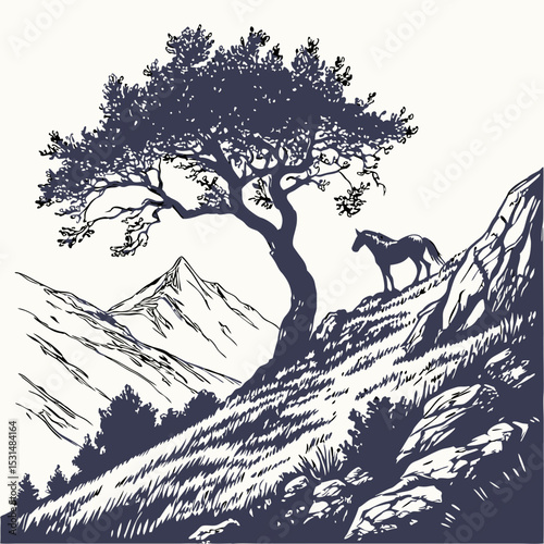 Mountain with pine trees and landscape black on white background. Hand drawn rocky peaks in sketch style. Vector illustration.