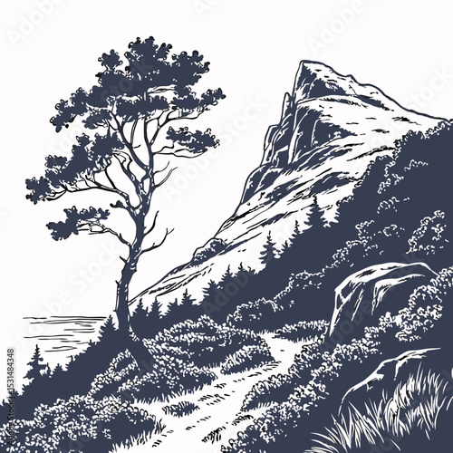 Mountain with pine trees and landscape black on white background. Hand drawn rocky peaks in sketch style. Vector illustration.