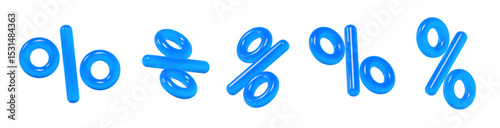 3d set blue percent signs discount with different angles. Voucher gift. Stock vector illustration on isolated background.