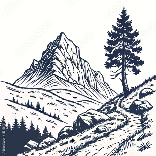 Mountain with pine trees and landscape black on white background. Hand drawn rocky peaks in sketch style. Vector illustration.