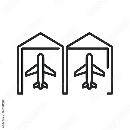 Two airplanes in maintenance hangars icon in outline style
