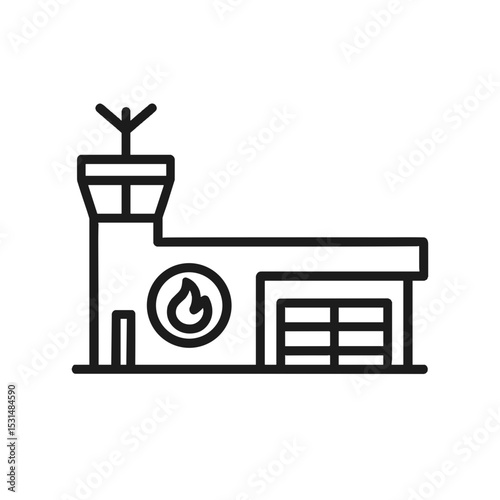 Airport fire station icon in black and white outline style
