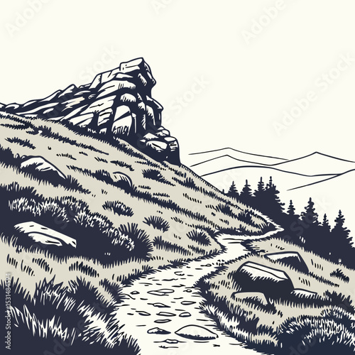 Mountain with pine trees and landscape black on white background. Hand drawn rocky peaks in sketch style. Vector illustration.