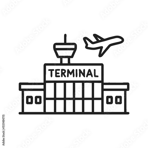 Airport terminal building with airplane icon in outline style