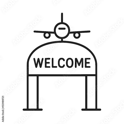 Airplane above welcome gate icon in black and white style