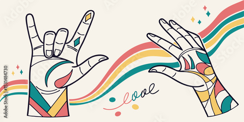 Hands Signing "Love" in American Sign Language with Colorful Accents 