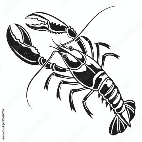 Isolated lobster features strong claws and intricate detail in a vintage monochrome style