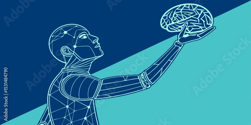 Robotic Figure Holding a Brain - AI and Human Intelligence