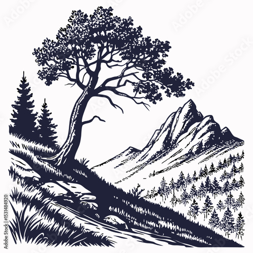 Mountain with pine trees and landscape black on white background. Hand drawn rocky peaks in sketch style. Vector illustration.