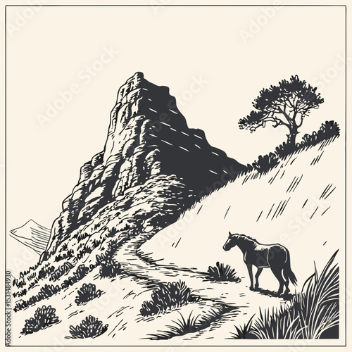 Mountain with pine trees and landscape black on white background. Hand drawn rocky peaks in sketch style. Vector illustration.