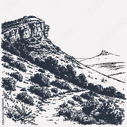 Mountain with pine trees and landscape black on white background. Hand drawn rocky peaks in sketch style. Vector illustration.