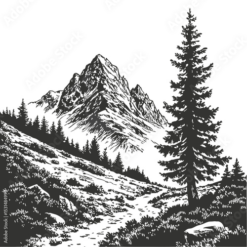 Mountain with pine trees and landscape black on white background. Hand drawn rocky peaks in sketch style. Vector illustration.