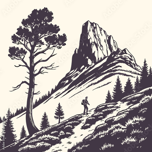 Mountain with pine trees and landscape black on white background. Hand drawn rocky peaks in sketch style. Vector illustration.