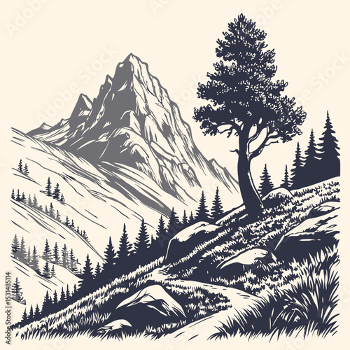 Mountain with pine trees and landscape black on white background. Hand drawn rocky peaks in sketch style. Vector illustration.