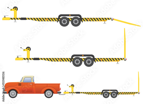 Three trailers are shown in the image with a pickup truck pulling one of them. The trailers are different types and all have tires.