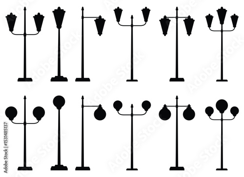 Diverse silhouettes of vintage streetlights showcase classic urban illumination designs. Perfect for architectural or city-themed projects.