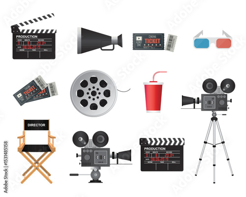 Various objects representing the movie-making industry, including equipment, concessions, and film production tools, arranged on a white background.