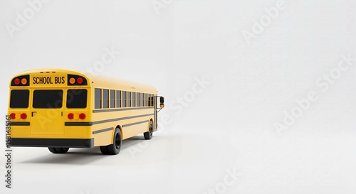 Model school bus in yellow color facing right on white background  