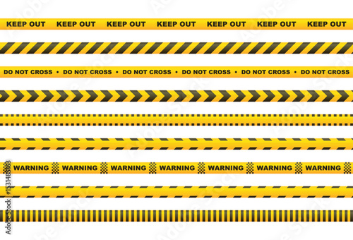 Various yellow warning tapes, some with 'Keep Out,' 'Do Not Cross,' and 'Warning' text, for safety and hazard marking.