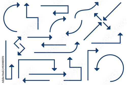 Collection of varied direction indicators, including curved, straight, diagonal, and looping arrows, pointing different directions.