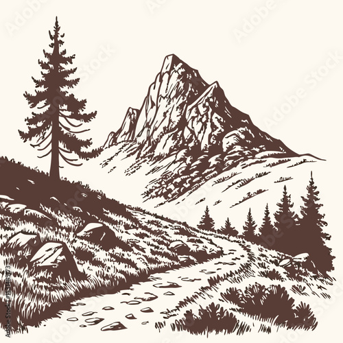 Mountain with pine trees and landscape black on white background. Hand drawn rocky peaks in sketch style. Vector illustration.