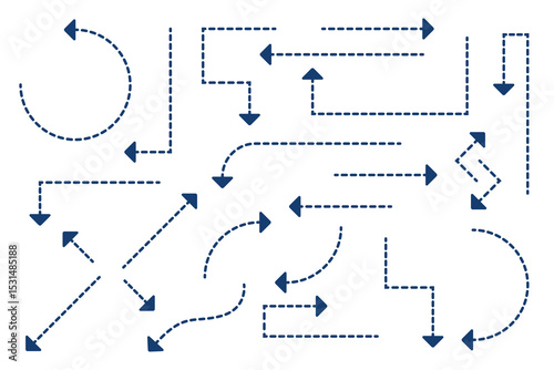 Collection of blue dotted arrows pointing in different directions, including curved, straight, and angled shapes on a white background