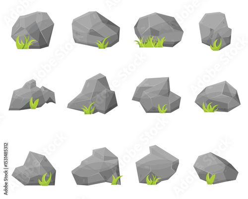 Collection of twelve cartoon gray stones in various shapes, sizes, and angles with green tufts of grass at the base of each stone.