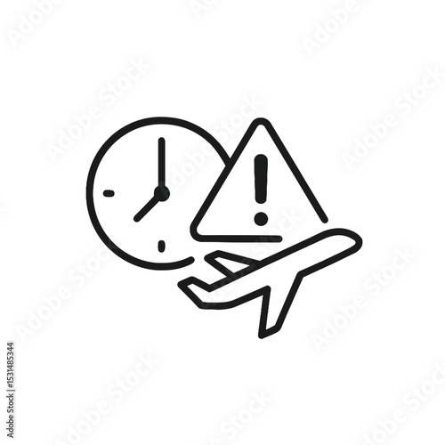 Flight delay icon with clock, warning sign, and airplane outline