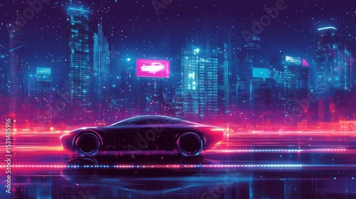 Futuristic Car Parked in Cityscape at Night with Vibrant Neon Lighting