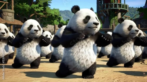 Cute baby pandas bear dancing and enjoying 