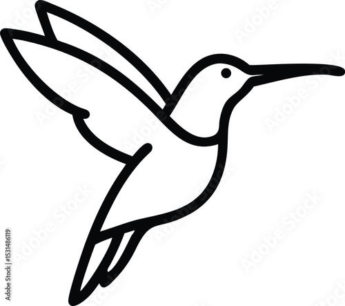 Minimalist hummingbird flies gracefully; it's a simple, linear contour design against a white backdrop