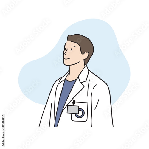 Side view of a male doctor in a doctor's gown. Hand-drawn vector elements related to medical staff.