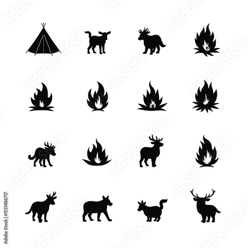 Camping elements set silhouettes wildlife fire teepee