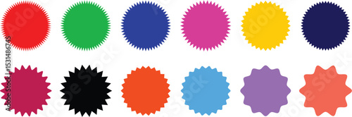 Starburst badge sticker, sunburst, sticker for sale, discount, promo offer, perfect for price tag. Scalloped and zigzag circle label, spiky oval shapes, star shapes, sunburst or starburst icon set.