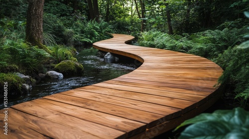 Wooden Walkway Curves Through Lush Green Forest with Natural Water Stream
